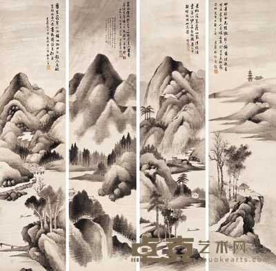 林纾 1916年作 山水 四屏 133.4×32.6cm×4